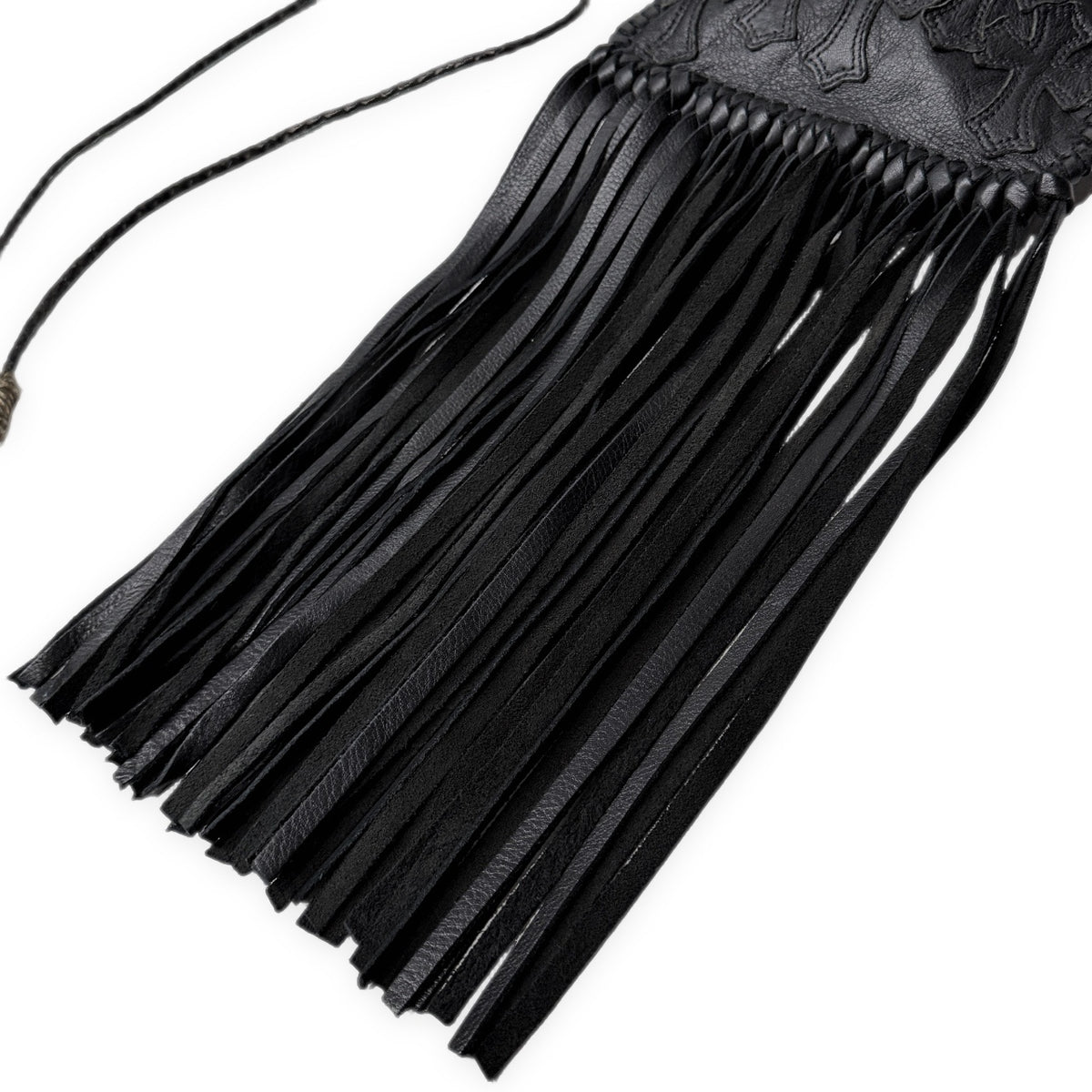 CHROME HEARTS FLAT HIPPIE BLK フラットヒッピーバッグ オールレザーセメタリークロスパッチフリンジショルダーバッグ クロスボール スクロールラベル レザーブレード ボロチップ クロムハーツ メンズ レディース ユニセックス