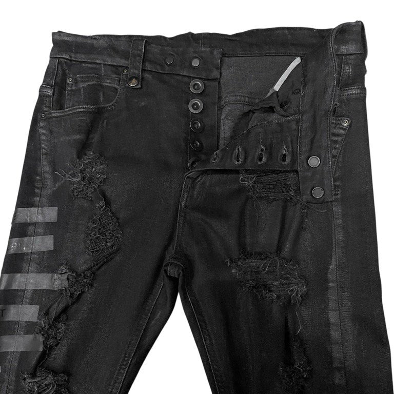 UNRAVEL PROJECT 1st collection ストレッチブラックデニムメッセージプリントデストロイボンテージパンツ ボトムス 立体裁断 バナナシルエット アンラベルプロジェクト メンズ