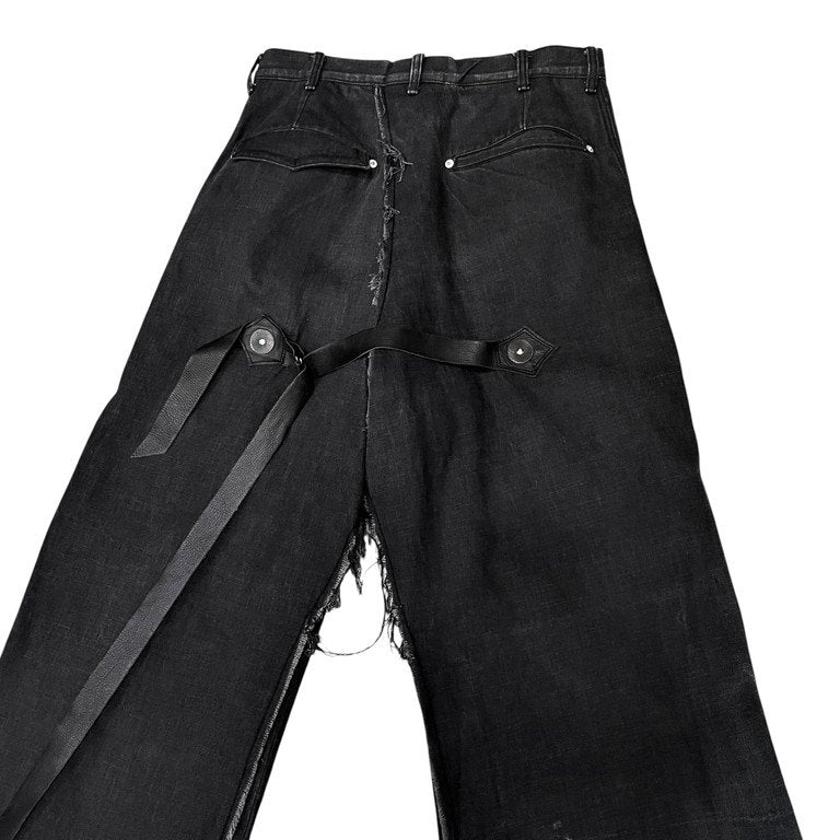 obsess カットオフブラックデニムバックレザーベルトラップワイドパンツ モードの悲劇 ボトムス オブセス メンズ
