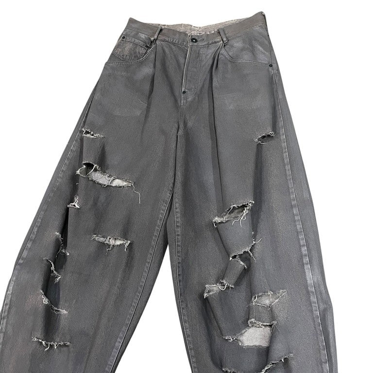 SOSHIOTSUKI 23AW ダメージ加工コーティングワイドデニムバギーパンツ ボトム 樹脂加工 革パッチ メンズ ソウシオオツキ S23AW24DNM-CRASH Knicker Bockers Denim 定価¥63,800-