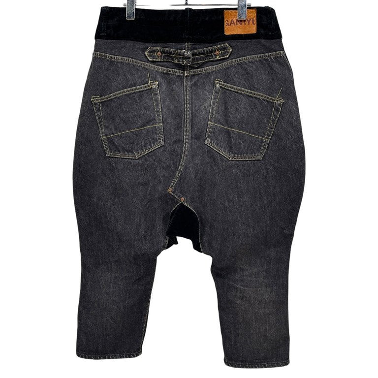 GANRYU 13AW ゴートレザーパッチコットンギャバジンブラックデニムコーデュロイ切替再構築サルエルパンツ クロップド ボトムス COMME des GARCONS ガンリュウ コムデギャルソン メンズ