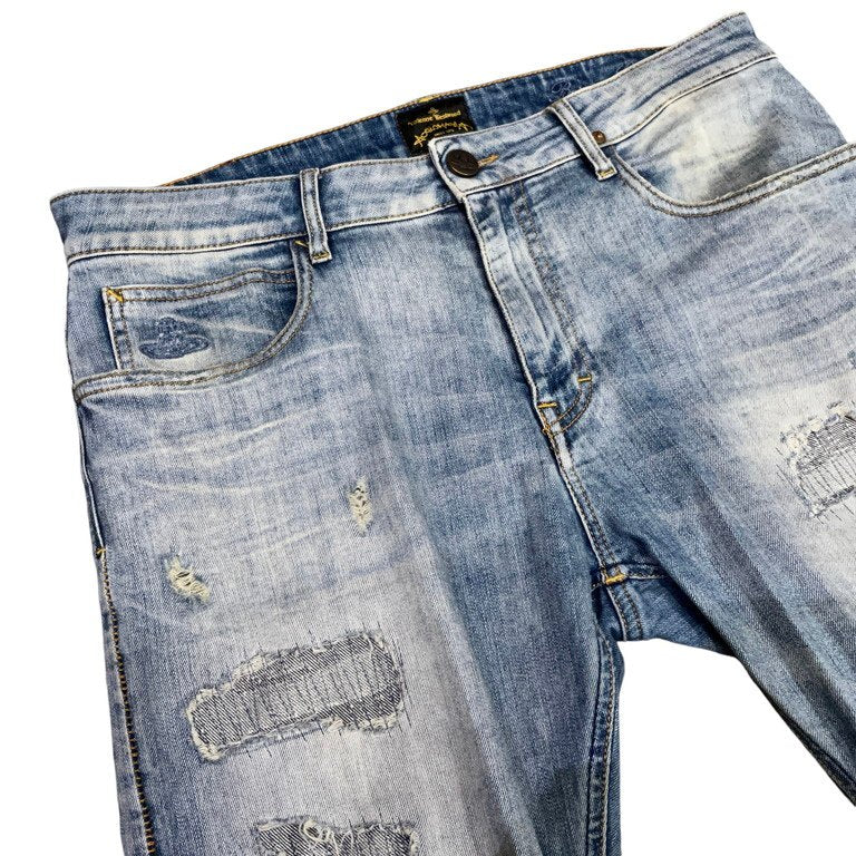 Vivienne Westwood ANGLOMANIA 16SS ダメージリペアデザインコットンストレッチデニムスキニーパンツ スリムシルエットジーンズ オーブ 刺繍 革パッチ チェーンステッチ ヴィヴィアンウエストウッド アングロマニア メンズ