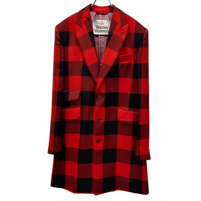 Vivienne Westwood 24SS 赤バッファローチェックピークドラペルロングテーラードジャケット チェスターコート 国内極少入荷 IMPORT インポート コレクションライン ブルゾン アウター ヴィヴィアンウエストウッド メンズ