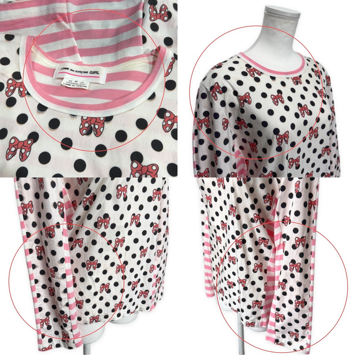 COMME des GARCONS GIRL 20AW ディズニーコラボドットボーダーデザイン切り替えカットソー 長袖 ミニー ギャルソン レディース
