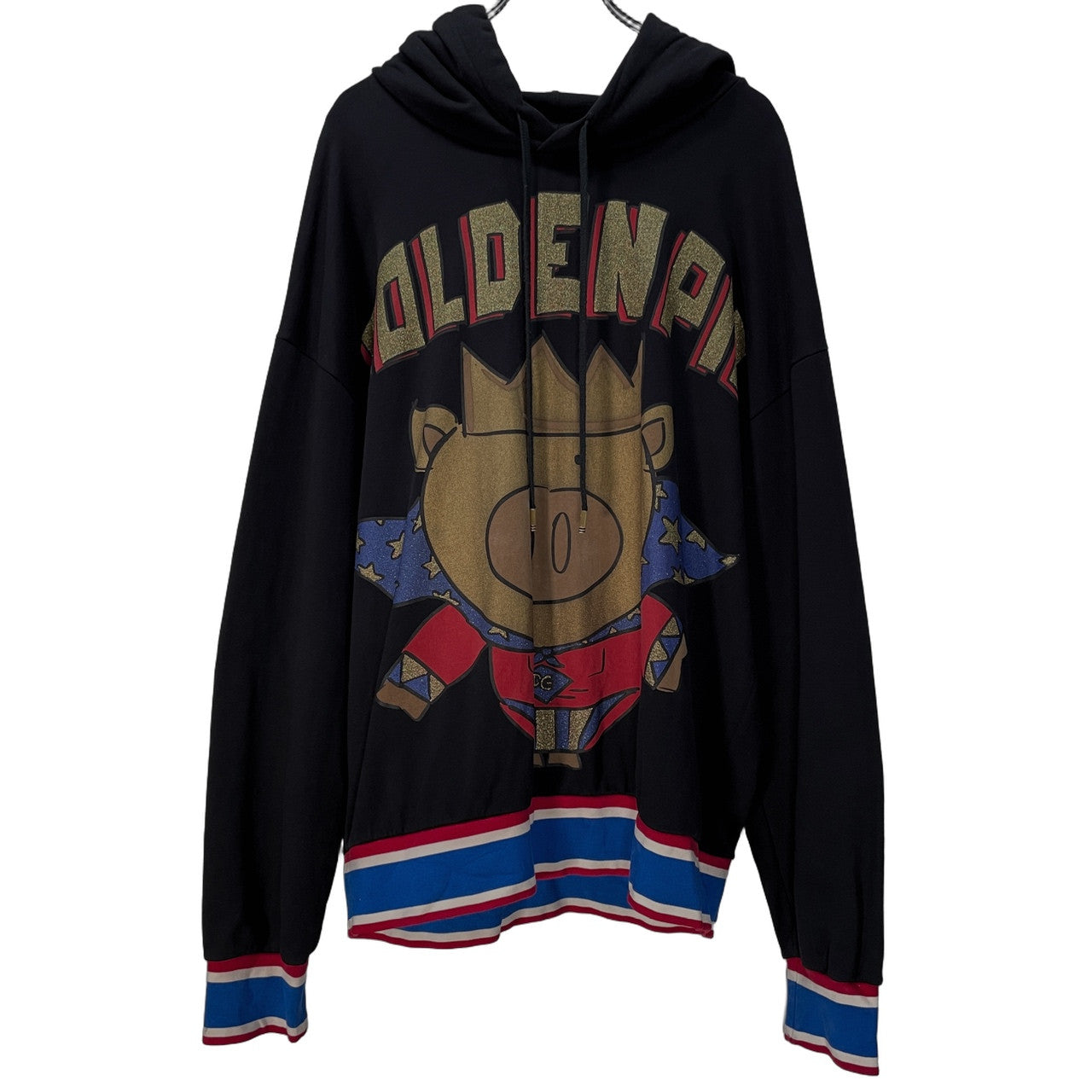 DOLCE&GABBANA 19SS DG KING GOLDEN PIG キングゴールデンピッグプリントトリコロールリブプルオーバーパーカー フーディ トップス アウター D&G ドルチェアンドガッバーナ メンズ