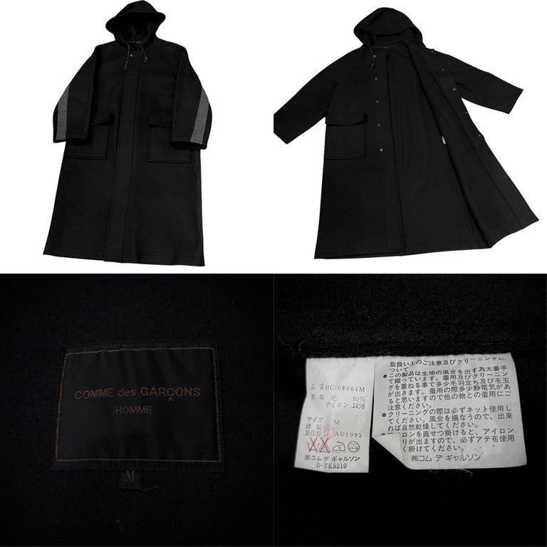 COMME des GARCONS HOMME 95AW ウールモッサラインデザインラグランスリーブフーデッドロングコート Archive 90s 田中オム レザー フード コムデギャルソンオム メンズ