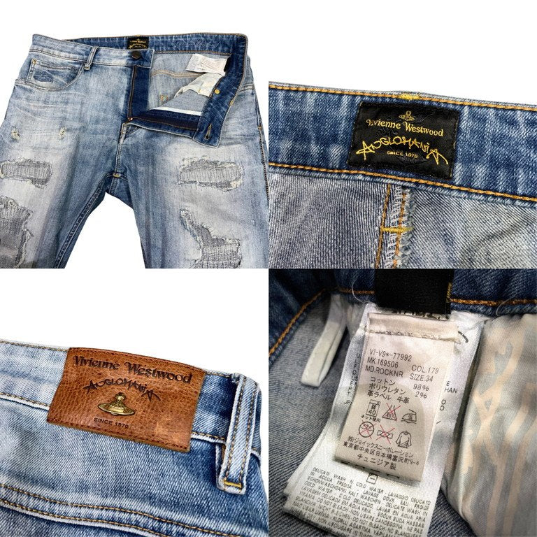 Vivienne Westwood ANGLOMANIA 16SS ダメージリペアデザインコットンストレッチデニムスキニーパンツ スリムシルエットジーンズ オーブ 刺繍 革パッチ チェーンステッチ ヴィヴィアンウエストウッド アングロマニア メンズ