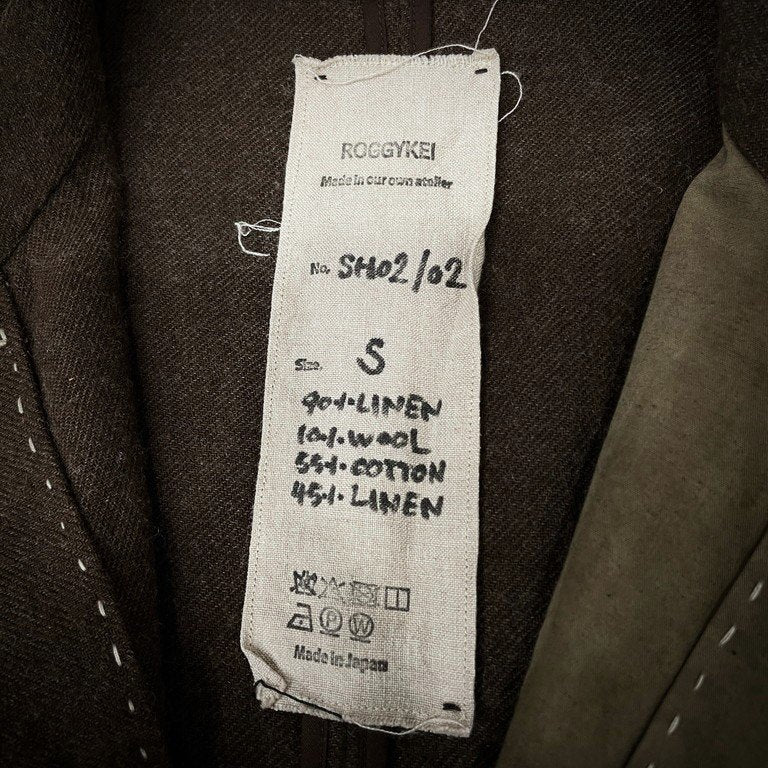 ROGGYKEI リネンウールフランネルハンドステッチパッチワークカットオフバンドカラーシャツ ハンドメイド ロギーケイ メンズ レディース ユニセックス