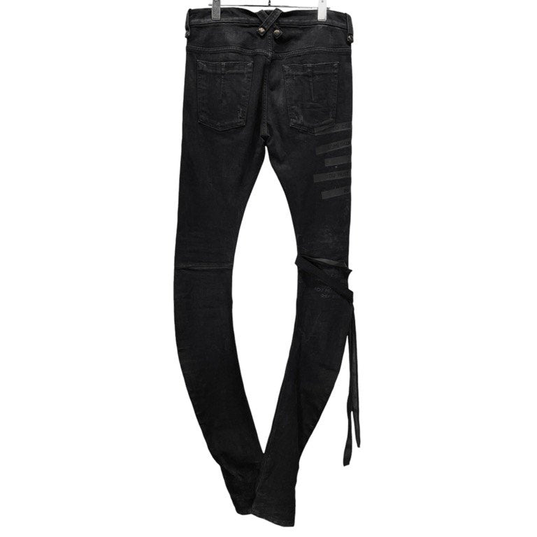 UNRAVEL PROJECT 1st collection ストレッチブラックデニムメッセージプリントデストロイボンテージパンツ ボトムス 立体裁断 バナナシルエット アンラベルプロジェクト メンズ