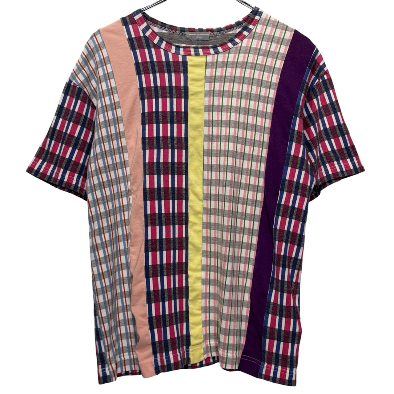 COMME des GARCONS HOMME 01AW 縦接ぎストライプパッチワークチェック柄クルーネックTシャツ カットソー Tee T-shirt 半袖 トップス Archive 00s 総柄 コムデギャルソンオム メンズ