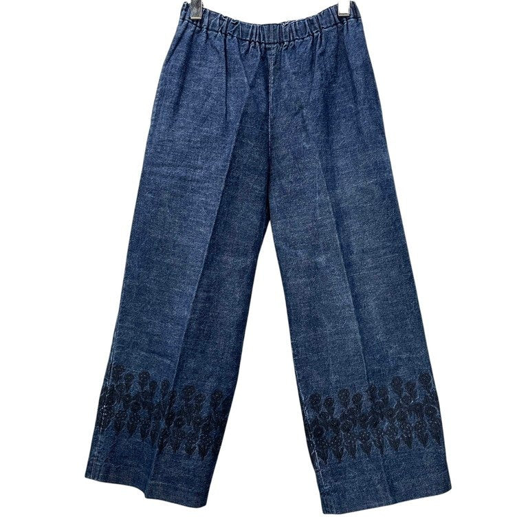 robe de chambre COMME des GARCONS 01SS フラワー刺繍デニムイージーワイドパンツ 花 コムコム ウエストゴム ドローストリング ボトムス レディース