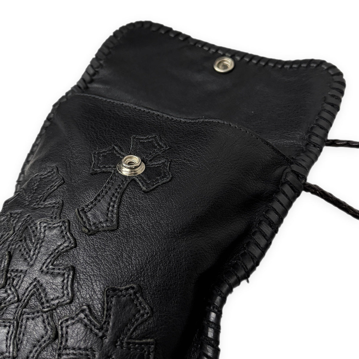 CHROME HEARTS FLAT HIPPIE BLK フラットヒッピーバッグ オールレザーセメタリークロスパッチフリンジショルダーバッグ クロスボール スクロールラベル レザーブレード ボロチップ クロムハーツ メンズ レディース ユニセックス