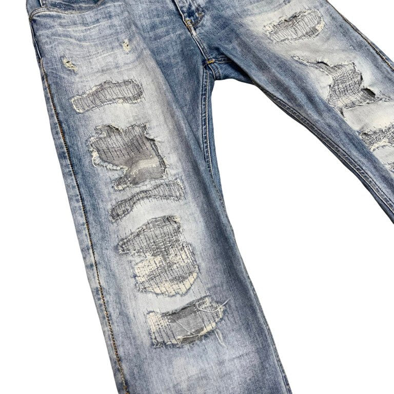 Vivienne Westwood ANGLOMANIA 16SS ダメージリペアデザインコットンストレッチデニムスキニーパンツ スリムシルエットジーンズ オーブ 刺繍 革パッチ チェーンステッチ ヴィヴィアンウエストウッド アングロマニア メンズ