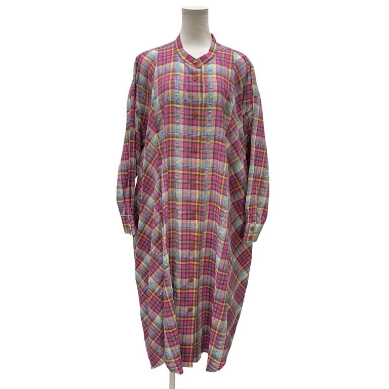 Vivienne Westwood RED LABEL 24SS コットンリネンチェックバンドカラーロングシャツワンピース ノーカラー トップス アウター 未使用タグ付き ヴィヴィアンウエストウッド レッドレーベル レディース