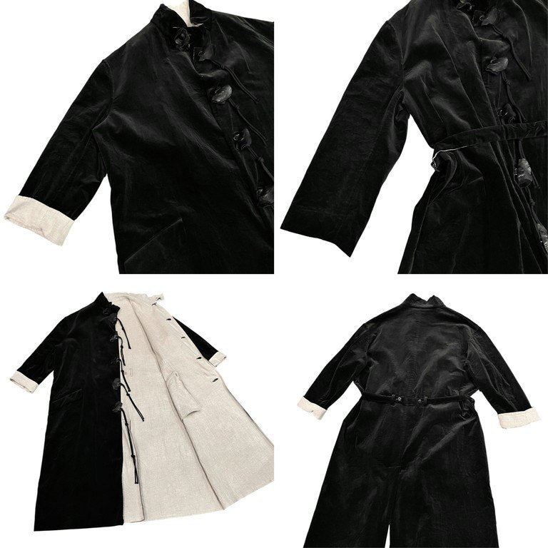 Yohji Yamamoto Pour Homme 21AW VELVETEEN X FLAX DOUBLE FACED STAND COAT 別珍リネンダブルフェイスレザーボタンスタンドカラーロングコート ベルベット ベロア リバーシブル LOOK19 定価512,600円 HX-C12-003 ヨウジヤマモト