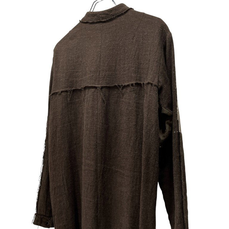 ROGGYKEI リネンウールフランネルハンドステッチパッチワークカットオフバンドカラーシャツ ハンドメイド ロギーケイ メンズ レディース ユニセックス