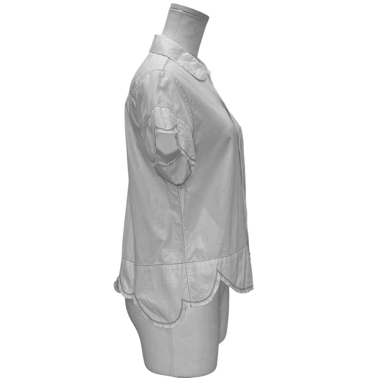 BLACK COMME des GARCONS 09SS コットンブロード黒ステッチランダムカッティング丸襟半袖ブラウス シャツ トップス カットオフ ブラック コムデギャルソン レディース