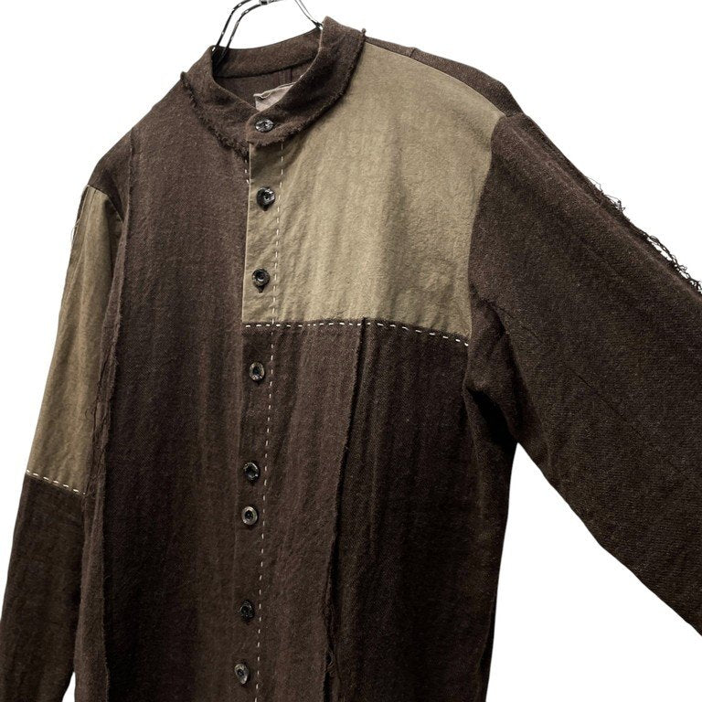 ROGGYKEI リネンウールフランネルハンドステッチパッチワークカットオフバンドカラーシャツ ハンドメイド ロギーケイ メンズ レディース ユニセックス