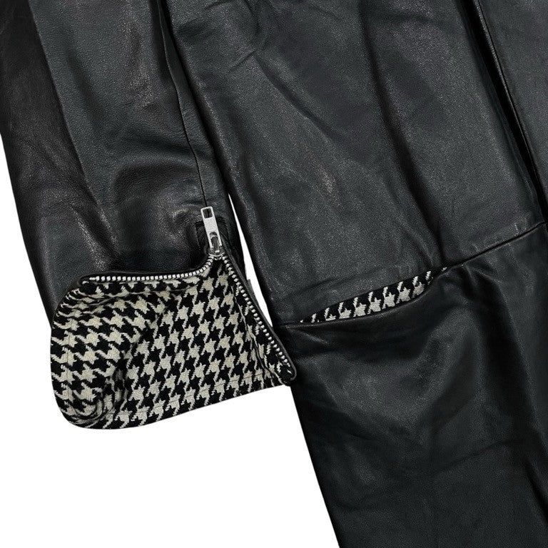 Yohji Yamamoto Femme 03AW 千鳥裏地ラムレザー裁ち切りジップアップロングコート ジャケット ブルゾン アウター Archive ランダムカッティング カットオフ 千鳥格子 ヨウジヤマモトファム レディース