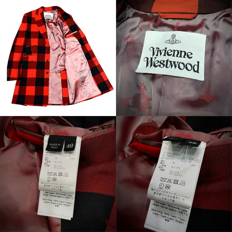 Vivienne Westwood 24SS 赤バッファローチェックピークドラペルロングテーラードジャケット チェスターコート 国内極少入荷 IMPORT インポート コレクションライン ブルゾン アウター ヴィヴィアンウエストウッド メンズ