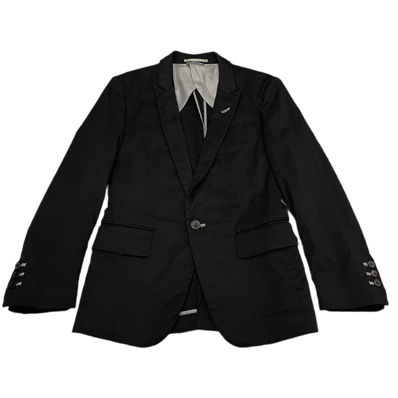 COMME des GARCONS HOMME PLUS 08SS ストレッチナイロンツイル製品染めナローピークドラペル1Bテーラードジャケット ブレザー アウター Archive Super Imposition スーパーインポジション コムデギャルソンオムプリュス メンズ