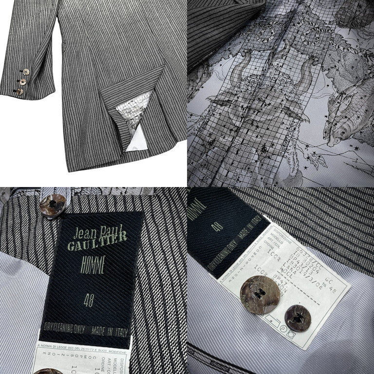 Jean Paul GAULTIER HOMME ウールストライプ星座柄裏地ロングテーラードジャケット ハイウエストパンツセットアップスーツ Archive 90s JPG ジャンポールゴルチエ ゴルチェ メンズ