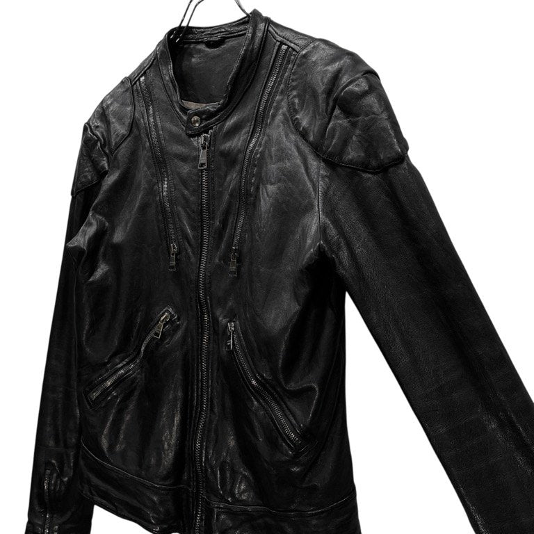 GIORGIO BRATO ラムレザーノーカラーモーターサイクルジャケット シングル ライダース ブルゾン コート アウター バイカー ダブルジップ ジョルジオブラット メンズ