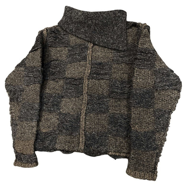 Yohji Yamamoto Femme 82AW アシンメトリーハイネックブロックチェック編みニットセーター Archive 1982 Autumn Winter 80s 90s ボロルック 最初期 超希少 柄 トップス ヨウジヤマモトファム ワイズ レディース