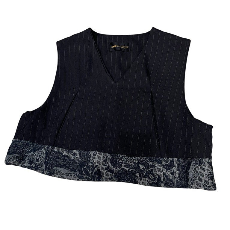 COMME des GARCONS 93SS 裾フラワーダマスクジャカード切替ウールストライプVネックベスト プルオーバー ノースリーブ トップス アウター 花柄 Archive 90s Ultrasimple ウルトラシンプル コムデギャルソン レディース