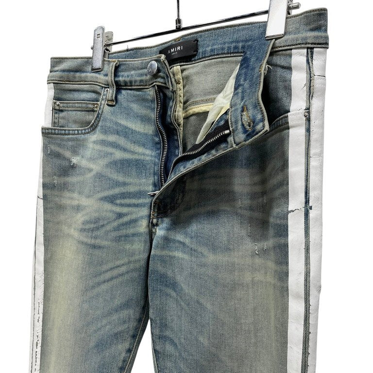 AMIRI ダメージウォッシュ加工サイドラインプリントストレッチスキニーデニムパンツ スリムシルエット ボトムス 側章 ストライプ アミリ メンズ