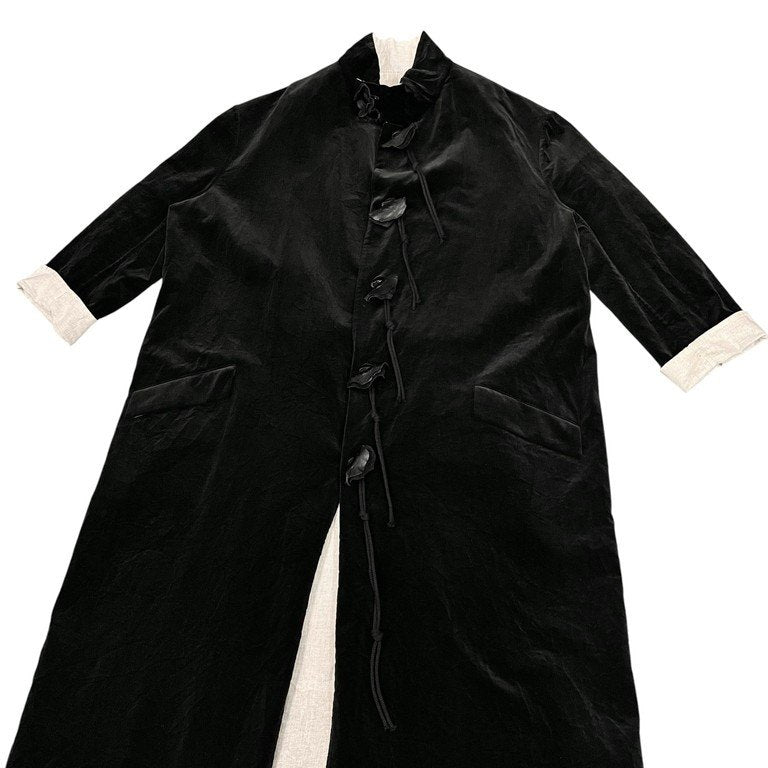 Yohji Yamamoto Pour Homme 21AW VELVETEEN X FLAX DOUBLE FACED STAND COAT 別珍リネンダブルフェイスレザーボタンスタンドカラーロングコート ベルベット ベロア リバーシブル LOOK19 定価512,600円 HX-C12-003 ヨウジヤマモト