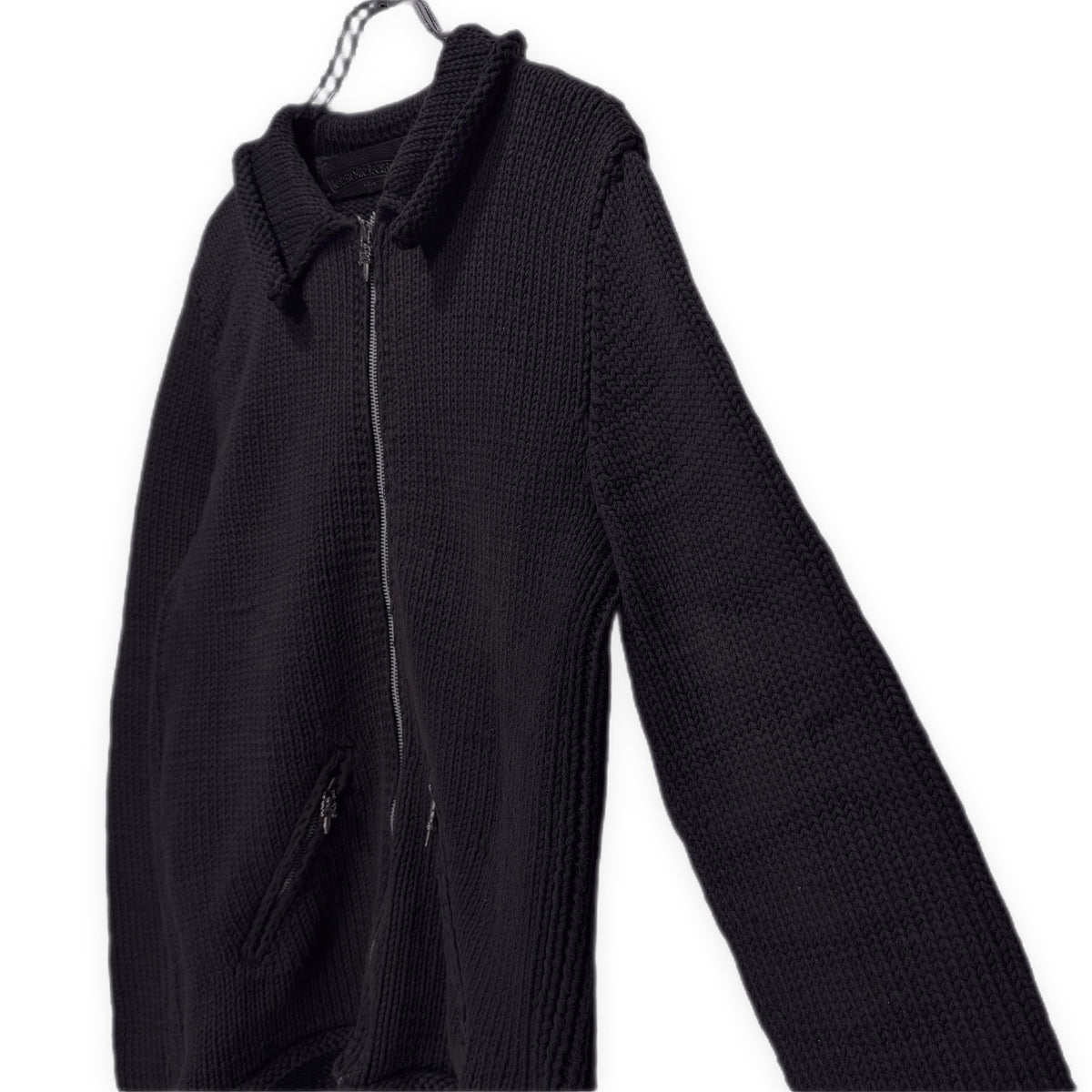 CHROME HEARTS SWEATER LOW RIDER ZIP ダガートップレザークロスパッチ襟付きジップアップニットジャケット セーター カーディガン カウチン ブルゾン アウター サムホール 指貫 クロムハーツ メンズ