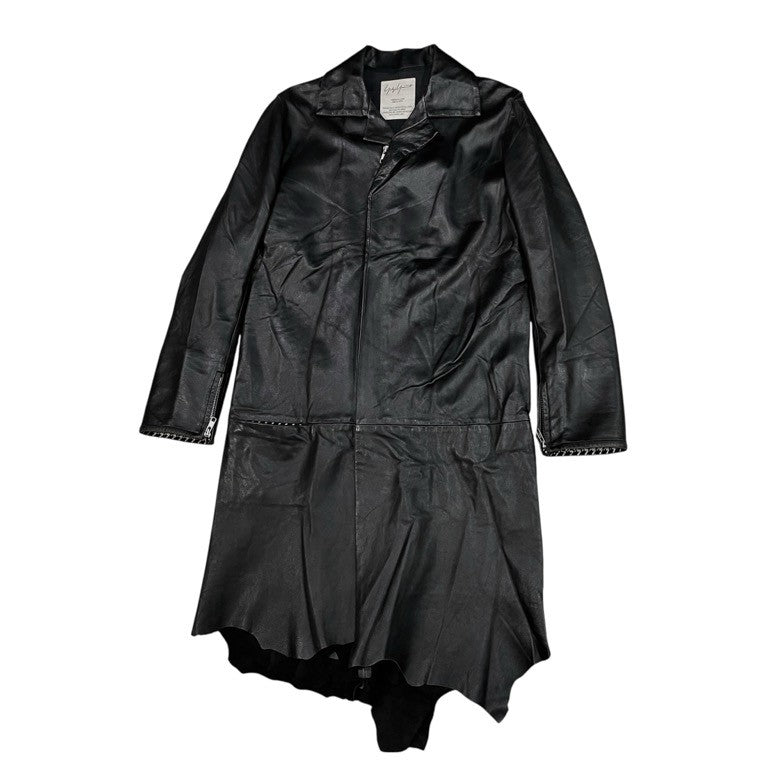 Yohji Yamamoto Femme 03AW 千鳥裏地ラムレザー裁ち切りジップアップロングコート ジャケット ブルゾン アウター Archive ランダムカッティング カットオフ 千鳥格子 ヨウジヤマモトファム レディース