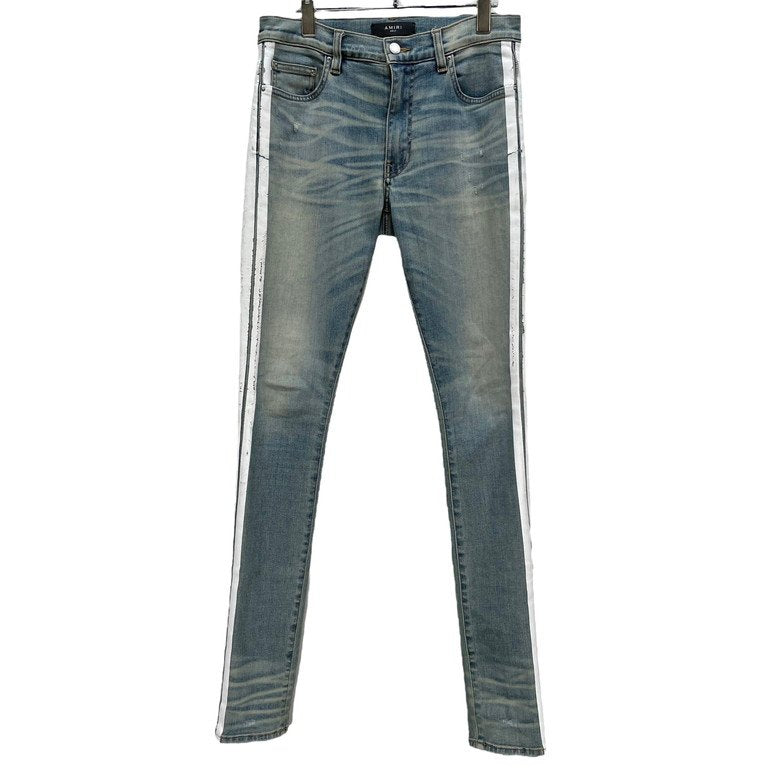 AMIRI ダメージウォッシュ加工サイドラインプリントストレッチスキニーデニムパンツ スリムシルエット ボトムス 側章 ストライプ アミリ メンズ