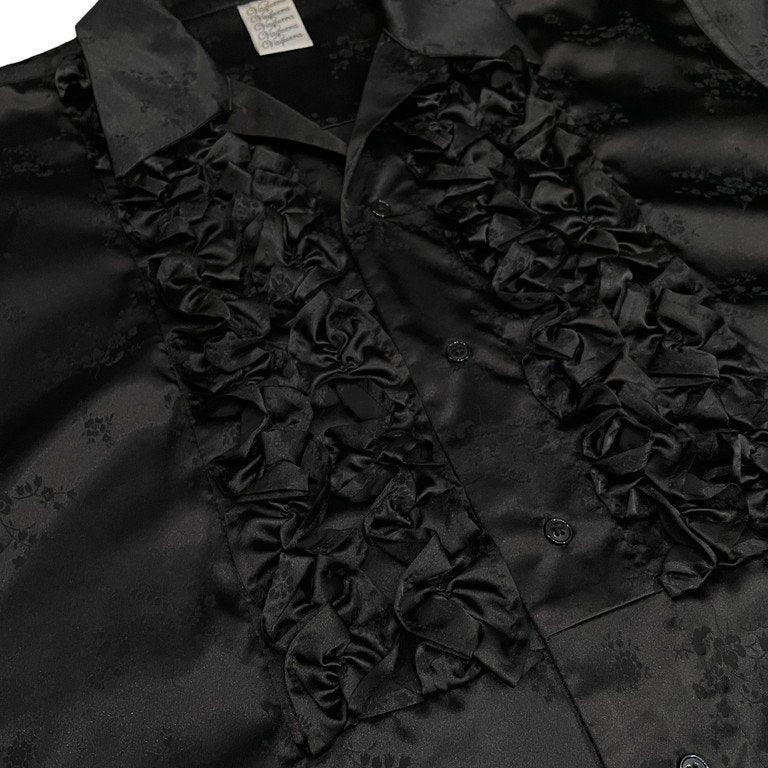 VAQUERA NYC 21ss TUXEDO RUFFLE BUTTON DOWNSHIRTS ポリエステルジャカードサテンフリルボタンダウンシャツ 半袖 ブラウス 定価44,000円 ヴァケラ メンズ レディース ユニセックス