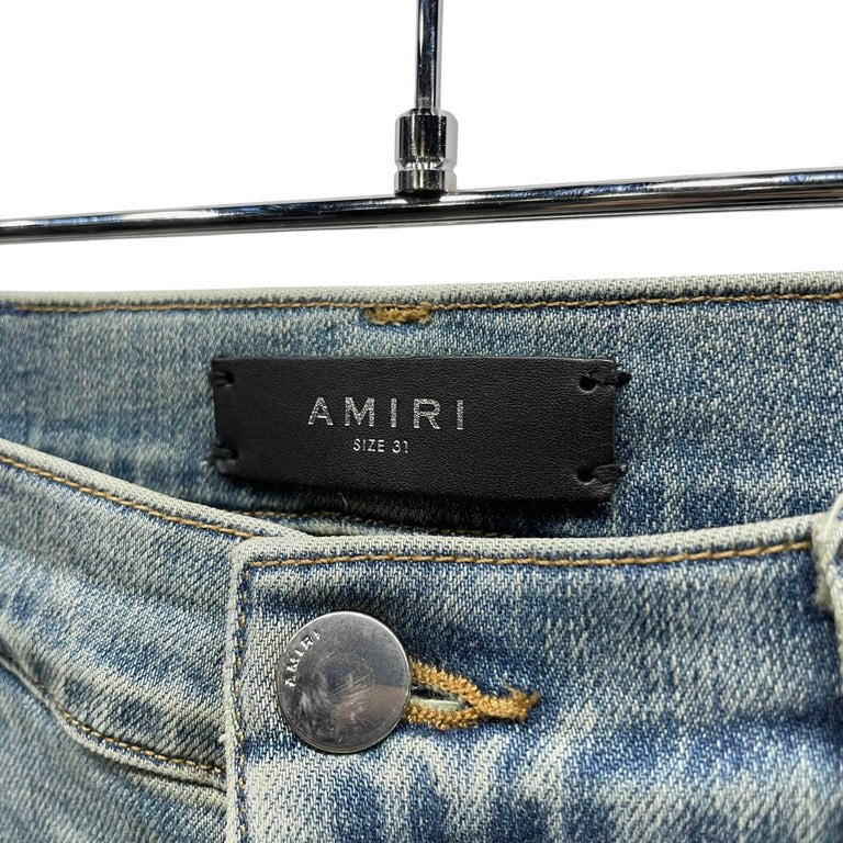 AMIRI ダメージウォッシュ加工サイドラインプリントストレッチスキニーデニムパンツ スリムシルエット ボトムス 側章 ストライプ アミリ メンズ