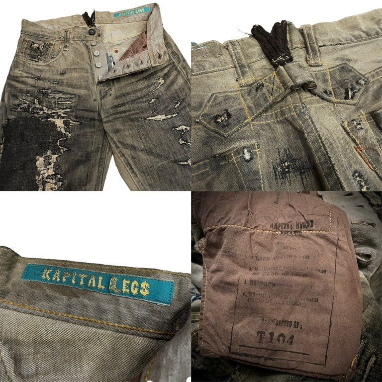 KAPITAL LEGS 初期 炭鉱クラッシュ加工黒革色5Pデニムパンツ 超希少 一点物 オーダー リメイク ダメージ加工 ヴィンテージ加工 月桂樹ボタン コレクターズ KOUNTRY カントリー ボトム キャピタル メンズ