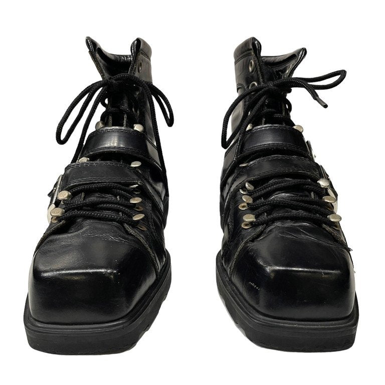 Yohji Yamamoto Pour Homme レースアップスクエアトゥベルテッドレザーブーツ シューズ ベルト Archive 80s 90s レア 希少 最初期 丸文字ロゴ