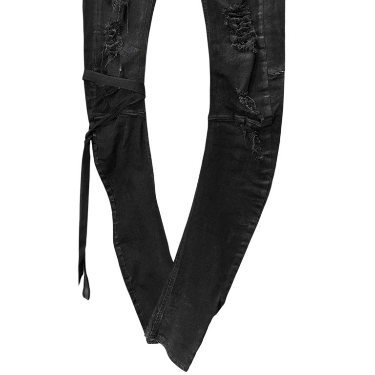 UNRAVEL PROJECT 1st collection ストレッチブラックデニムメッセージプリントデストロイボンテージパンツ ボトムス 立体裁断 バナナシルエット アンラベルプロジェクト メンズ