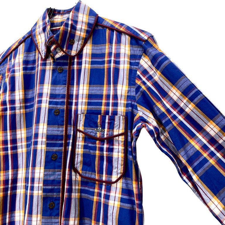 Vivienne Westwood MAN マドラスチェックラウンドカラーパイピングボタンダウンシャツ ブラウス トップス 丸襟 オーブ刺繍 ヴィヴィアンウエストウッド マン メンズ