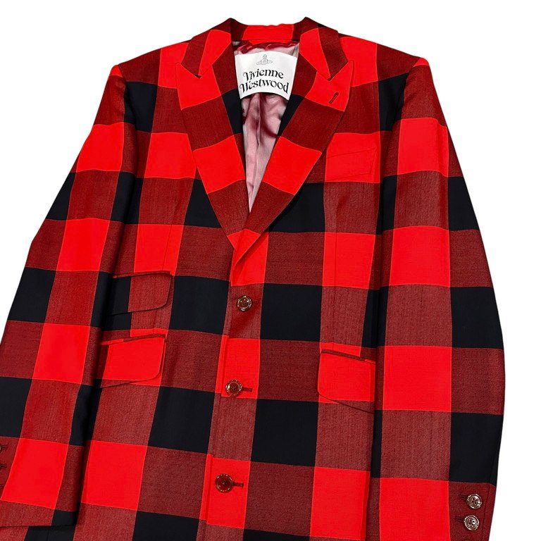 Vivienne Westwood 24SS 赤バッファローチェックピークドラペルロングテーラードジャケット チェスターコート 国内極少入荷 IMPORT インポート コレクションライン ブルゾン アウター ヴィヴィアンウエストウッド メンズ