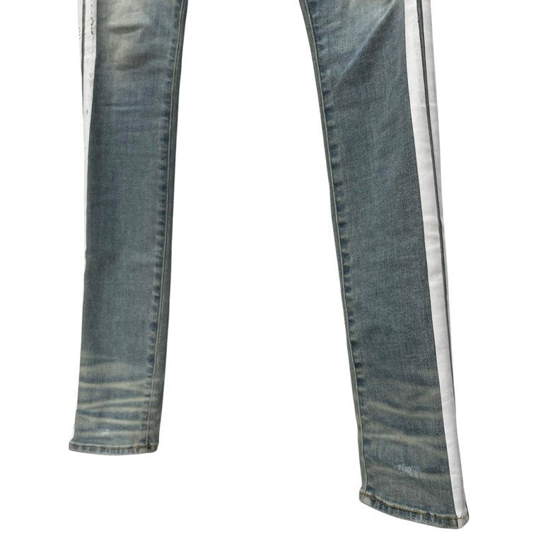 AMIRI ダメージウォッシュ加工サイドラインプリントストレッチスキニーデニムパンツ スリムシルエット ボトムス 側章 ストライプ アミリ メンズ