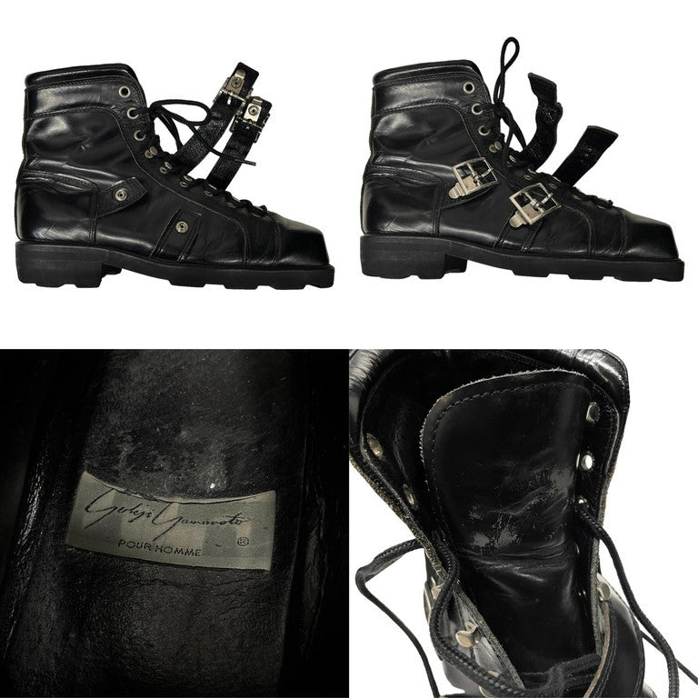 Yohji Yamamoto Pour Homme レースアップスクエアトゥベルテッドレザーブーツ シューズ ベルト Archive 80s 90s レア 希少 最初期 丸文字ロゴ