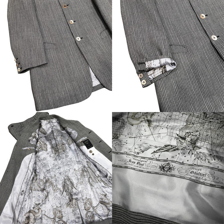 Jean Paul GAULTIER HOMME ウールストライプ星座柄裏地ロングテーラードジャケット ハイウエストパンツセットアップスーツ Archive 90s JPG ジャンポールゴルチエ ゴルチェ メンズ