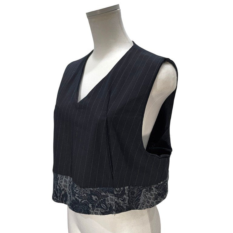 COMME des GARCONS 93SS 裾フラワーダマスクジャカード切替ウールストライプVネックベスト プルオーバー ノースリーブ トップス アウター 花柄 Archive 90s Ultrasimple ウルトラシンプル コムデギャルソン レディース