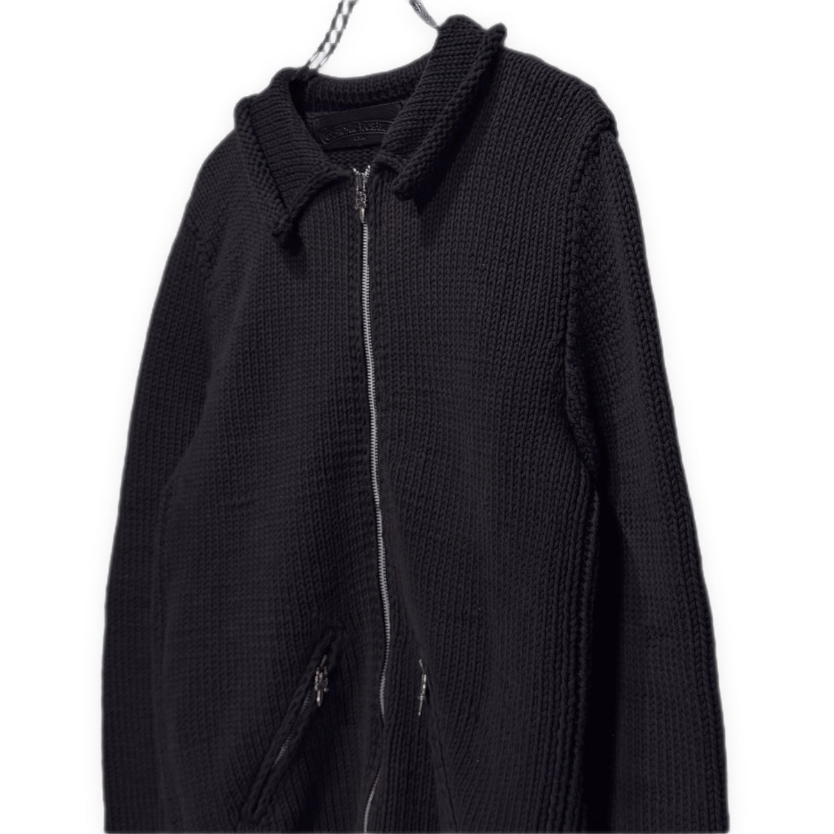 CHROME HEARTS SWEATER LOW RIDER ZIP ダガートップレザークロスパッチ襟付きジップアップニットジャケット セーター カーディガン カウチン ブルゾン アウター サムホール 指貫 クロムハーツ メンズ