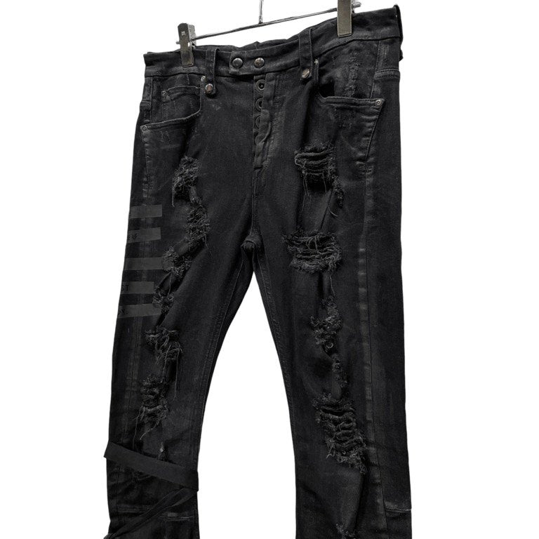 UNRAVEL PROJECT 1st collection ストレッチブラックデニムメッセージプリントデストロイボンテージパンツ ボトムス 立体裁断 バナナシルエット アンラベルプロジェクト メンズ