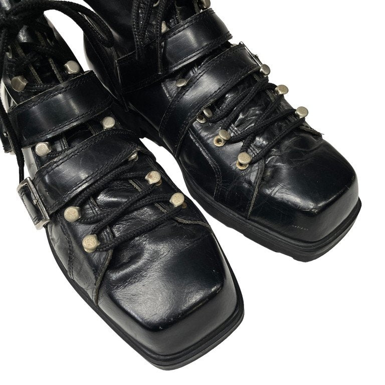 Yohji Yamamoto Pour Homme レースアップスクエアトゥベルテッドレザーブーツ シューズ ベルト Archive 80s 90s レア 希少 最初期 丸文字ロゴ