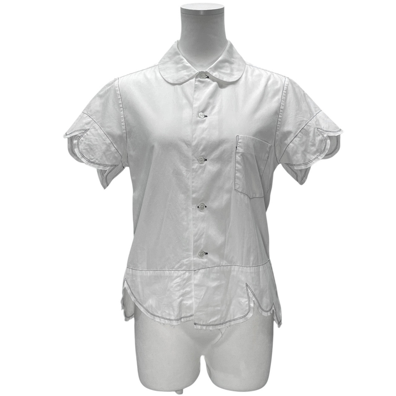 BLACK COMME des GARCONS 09SS コットンブロード黒ステッチランダムカッティング丸襟半袖ブラウス シャツ トップス カットオフ ブラック コムデギャルソン レディース