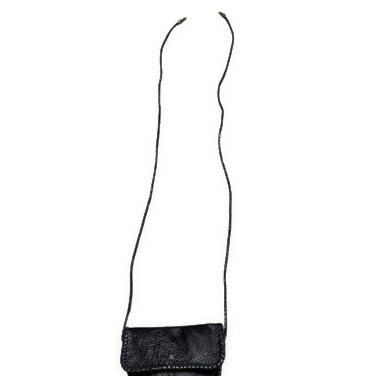 CHROME HEARTS FLAT HIPPIE BLK フラットヒッピーバッグ オールレザーセメタリークロスパッチフリンジショルダーバッグ クロスボール スクロールラベル レザーブレード ボロチップ クロムハーツ メンズ レディース ユニセックス